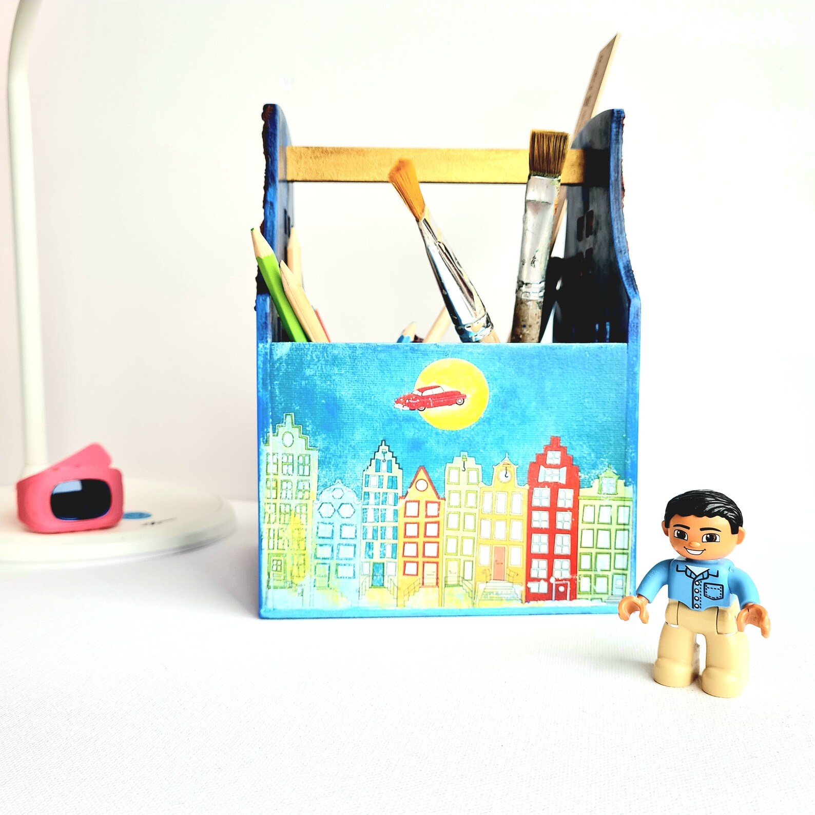 Wood Pencil Holder Kids Desk Blue Organizer House Warming Etsy