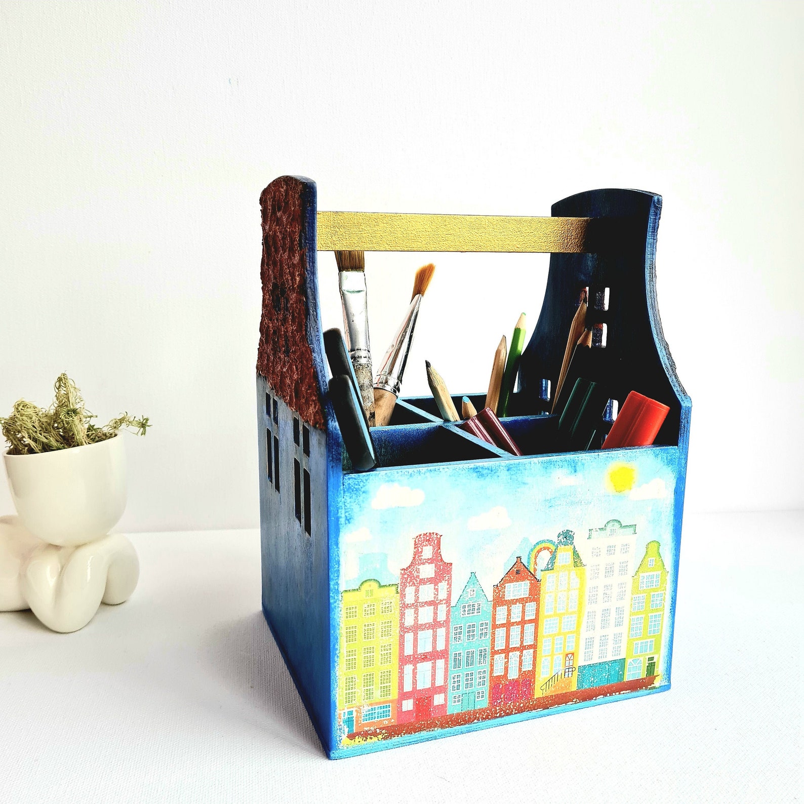 Wood Pencil Holder Kids Desk Blue Organizer House Warming Etsy