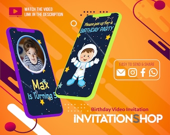 Astronaut Birthday Video Invitation, Space Theme (Digital Invite)