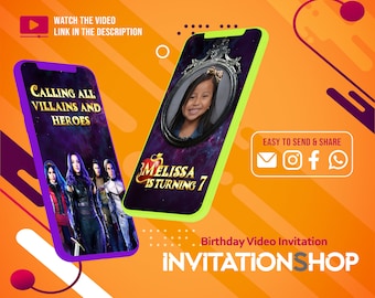 May include: A purple and green smartphone with a video invitation for a birthday party. The invitation features a photo of a young girl and the text "Melissa is turning 7". The background is a dark galaxy with stars. The phone also features a text overlay that says "Calling all villains and heroes".