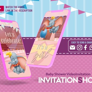 May include: A pink and white mobile phone screen displaying a baby shower invitation with a cartoon elephant. The invitation says "It's a girl" and "Let's celebrate!" The phone is on a pink background with a purple border.