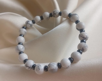 Bracelet pierres précieuses howlite, bracelet perles blanches 8 mm