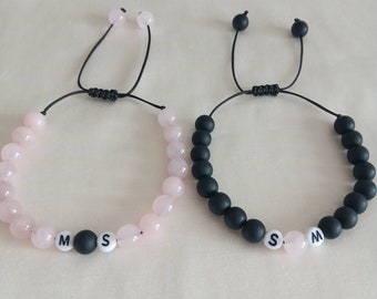 Set of 2 Personalized Initial Bracelets, Customized Bracelets, Personalized Couples Gift Idea, Gift For Couples/Friendships Rose Quartz/Onyx