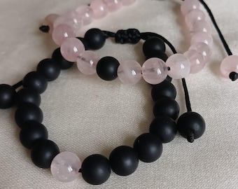 Couples Bracelet, Rose Quartz & Onyx Matching Bracelets, Distance Brcaelet, 8 mm Gemstone Bracelet, Gift For Couples, Adjustable Bracelet