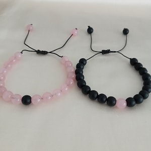Couples Bracelet, Rose Quartz & Onyx Matching Bracelets, Distance Brcaelet, 8 mm Gemstone Bracelet, Gift For Couples, Adjustable Bracelet