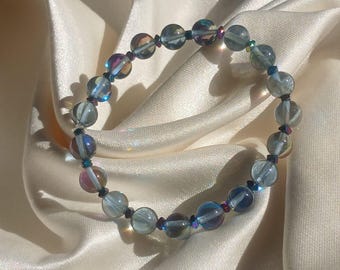 Aura Crystal Bracelet, Iridescent Quartz Beaded Jewelry, Handmade Gemstone Bracelet
