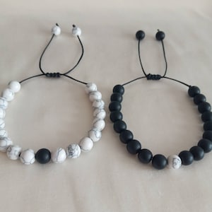 Adjustable Couples Bracelet, Matching Couples Bracelets, Howlite & Onyx Matching Bracelets Set Gemstone Bracelet Long Distance Bracelets Set