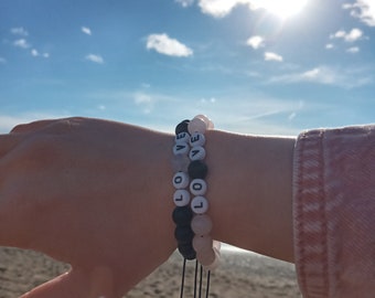 LOVE Bracelet, Rose Quartz & Onyx Matching Bracelets, Couple Bracelets, One for you one for her/him, Special Gift, 8 mm Gemstone Bracelet