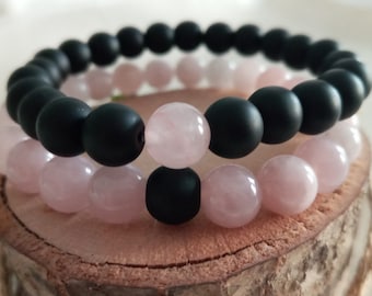 Couple Bracelets Onyx Rose Quartz Matching Bracelets Rose Quartz Bracelet Bracelets of Love Gift for Bff Darling Friends 8mm Gemstone