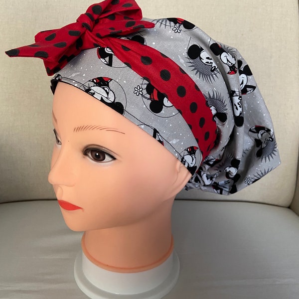 Disney Mickey and Minnie Mouse medical nurse scrub cap surgical hat  head wrap with buttons and black dot on red bow ribbon