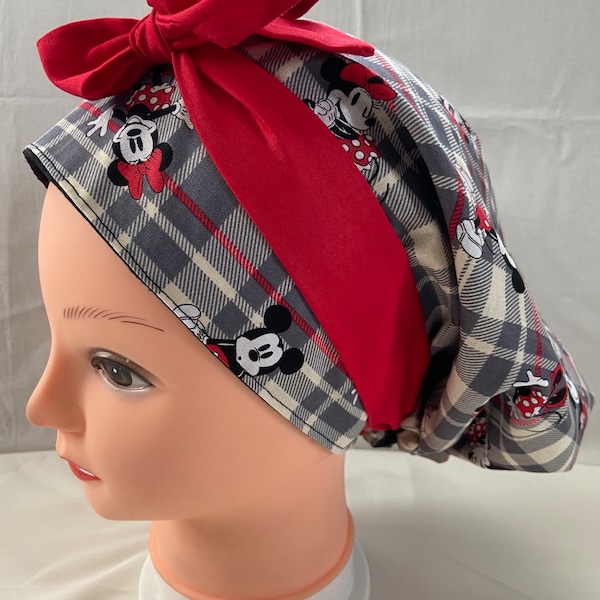 Disney classic Mickey Minnie Mouse medical nurse scrub cap surgical hat head wrap with buttons and bow ribbon