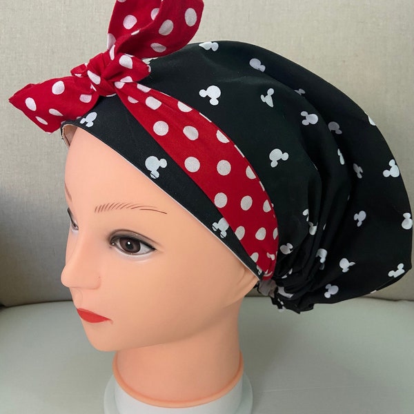 Disney Mickey Mouse head medical nurse scrub cap surgical hat head wrap with buttons and red dot bow ribbon