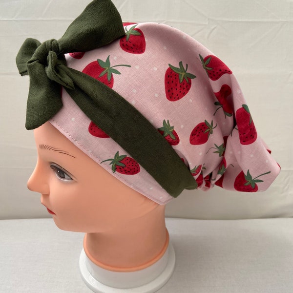 Strawberries fruits medical nurse scrub cap surgical hat head wrap with buttons and bow ribbon