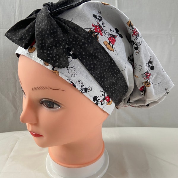 Disney Mickey Mouse medical nurse scrub cap surgical hat head wrap with buttons and bow ribbon