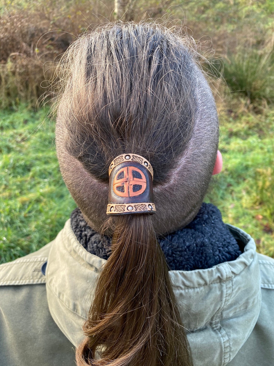 Leather Viking Hair Cuff shield Knot Copper Colored Silver Etsy