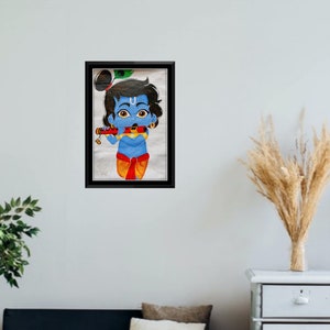 キャンバスに描かれた手作りのクリシュナ神の子供時代のアクリル画、バル・クリシュナの絵画、クリシュナとフルートの絵画、かわいいクリシュナの壁アート
