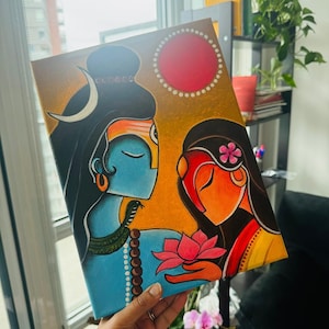 Handmade Lord Shiva parvathi painting, Home/wall Decor, Indian Hindu lord shankara shanti, om, harihara, Shiva adiyogi canvas painting