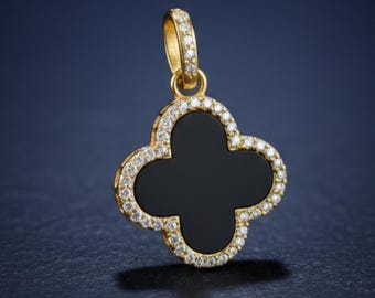 Sterling Silver Black Onyx Flower Pendant: Pave Diamond Charm