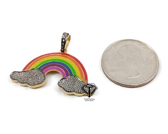 Pave Diamond Rainbow Enamel Pendant,  Sterling Silver Stylish Jewelry