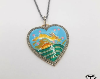 Pave Diamond Sterling Silver Enamel Heart Pendant: Handmade Jewelry