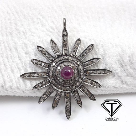 Pave Diamond Starburst Pendant:  Sterling Silver Jewelry