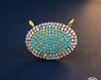 Pave Diamond Sterling Silver Oval Connector Pendant: Turquoise Pendant