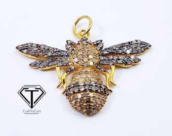 Pave Diamond Wasp Pendant: Two-Tone Sterling Silver Insect Jewelry