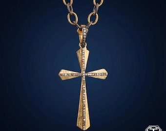 Pave Diamond Cross Pendant With Chain & Lock: Sterling Silver Handmade Jewelry