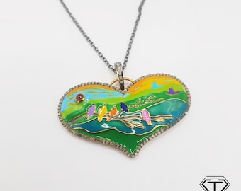 Pave Diamond Sterling Silver Enamel Heart Pendant: Handmade Jewelry