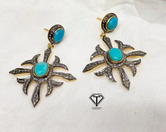 Turquoise diamantoorbellen Pave: sterlingzilveren hangoorbellen