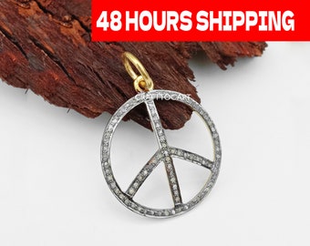 Pave Diamond Peace Pendant: Sterling Silver Charm (30x20mm)