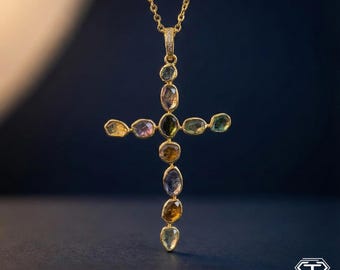 Pave Diamond Cross Pendant: Sterling Silver Multi Tourmaline