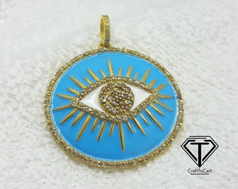 Pave Diamond Enamel Eye Pendant: Sterling Silver Charm