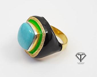 Pave Diamond Turquoise Ring: Minimalist Enamel  Sterling Silver