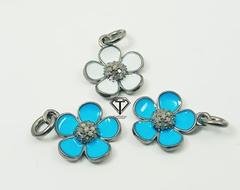 Sterling Silver Enamel Flower Pendant: Pave Diamond Charm