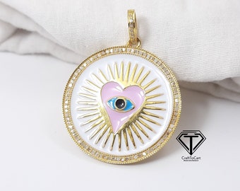 Pave Diamond Sterling Silver Enamel Heart Eye Pendant