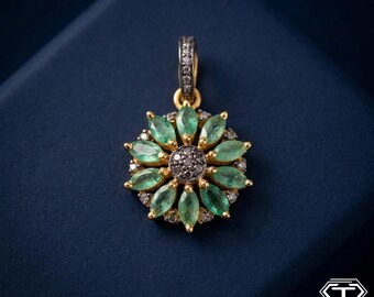 Emerald Pendant, Sterling Silver, Pave Diamond Jewelry, Handmade Jewelry