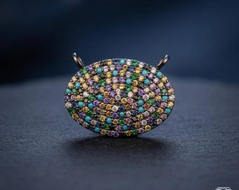 Flerfärgad oval stenhänge: Paved diamant sterlingsilver, handgjort