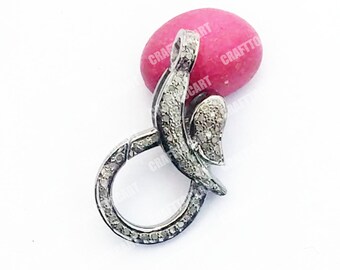 Cierre de diamante pavé de talla rosa: hecho a mano en plata de ley 925 (26 x 15 mm)