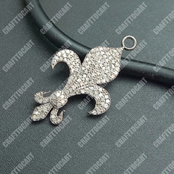 Fleur De Lis Pendant, Pave Diamond Pendant, 925 Sterling Silver Single Bail Pendant, Diamond Jewelry, Diamond Findings, Sparkle Charm