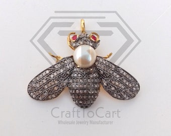 Pave Diamond Two Tone Honey Bee Pendant