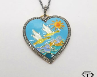 Pave Diamond Heart Pendant: Sterling Silver Enamel Jewelry