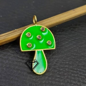 Mushroom Enamel Pendant, Diamond Jewelry,  Sterling Silver, Trendy Findings, Jewelry Components