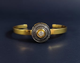 Pave Diamond Polki Bracelet: Handmade  Sterling Silver Bangle