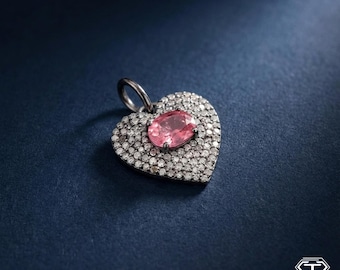Pave Diamond Pink Tourmaline Heart Pendant: Handmade Sterling Silver Jewelry