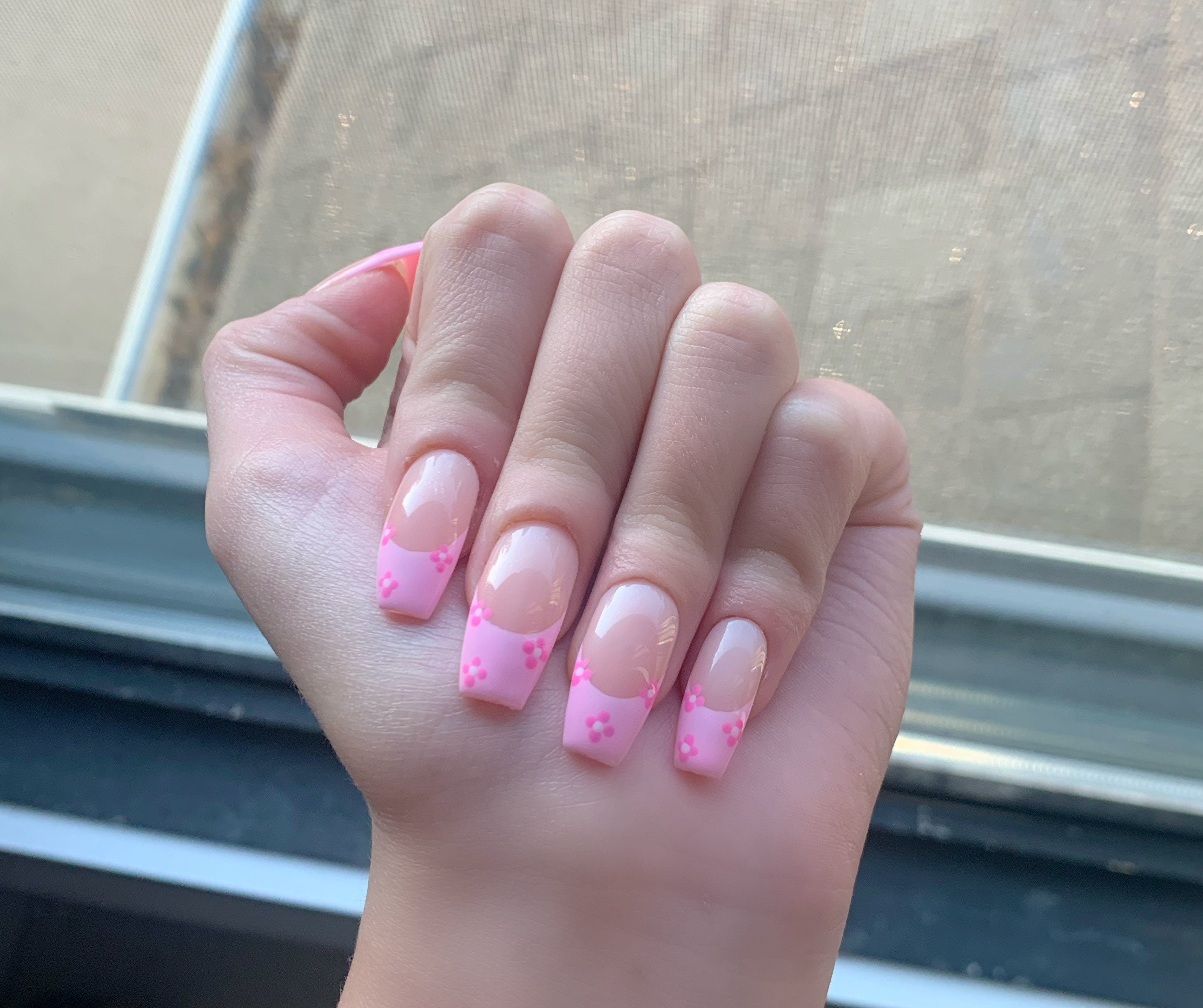 Pink Flower French Tip Nail Set Etsy