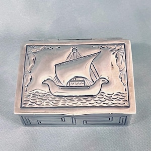 Silver pill box, embossed sailing ship, large rectangular pill box