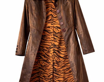 Płaszcz Vintage MOSCHINO Jeans Metallic Brown z podszewką Tiger Lining, rozmiar S