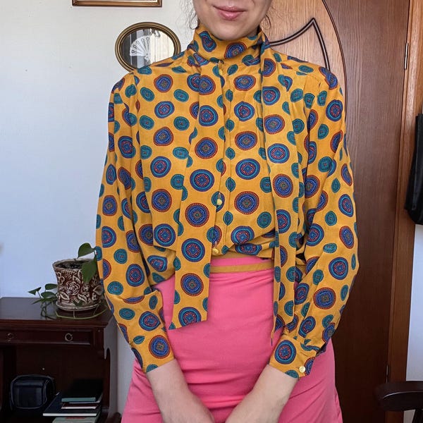 80年代ヴィンテージ セリーヌ シルク 幾何学模様 ブラウス サイズS