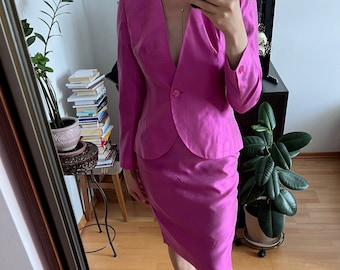 YSL Yves Saint Laurent suit vintage silk pink blazer jacket and skirt size S